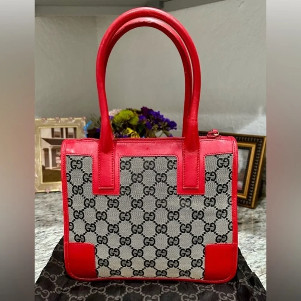 6 HOUR SALE -GUCCI MONOGRAM CANVAS MINI BAG W Red LEATHER DUAL HANDLES - Picture 4 of 15